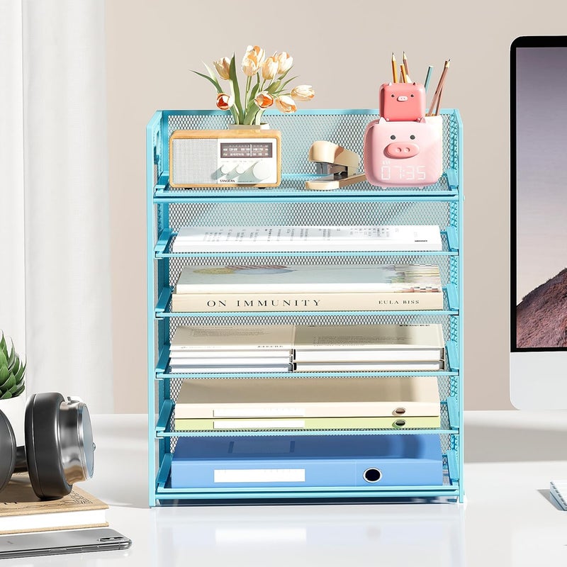 SUBEKYU 6 Tier Office File Paper Desk Tray Organizer with Handle, Stackable Slide Mesh Letter Tray Folder Blue Desk Organizer, Desktop Document Sorter for Classroom, Office, Home Supplies Storage - Image 3